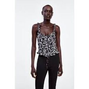 Zara Womens Floral Ruffle Cami Top Black White Drawstring Peplum Large 4043/253